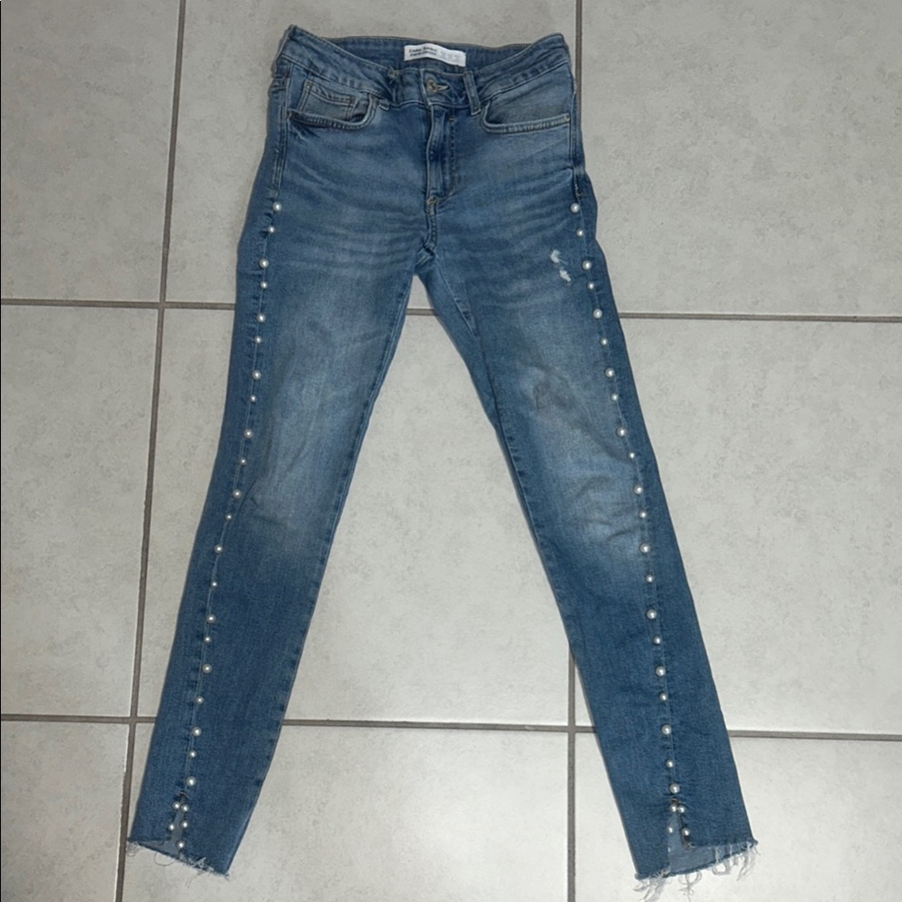 Zara Blue Skinny Jeans with Pearl Accents